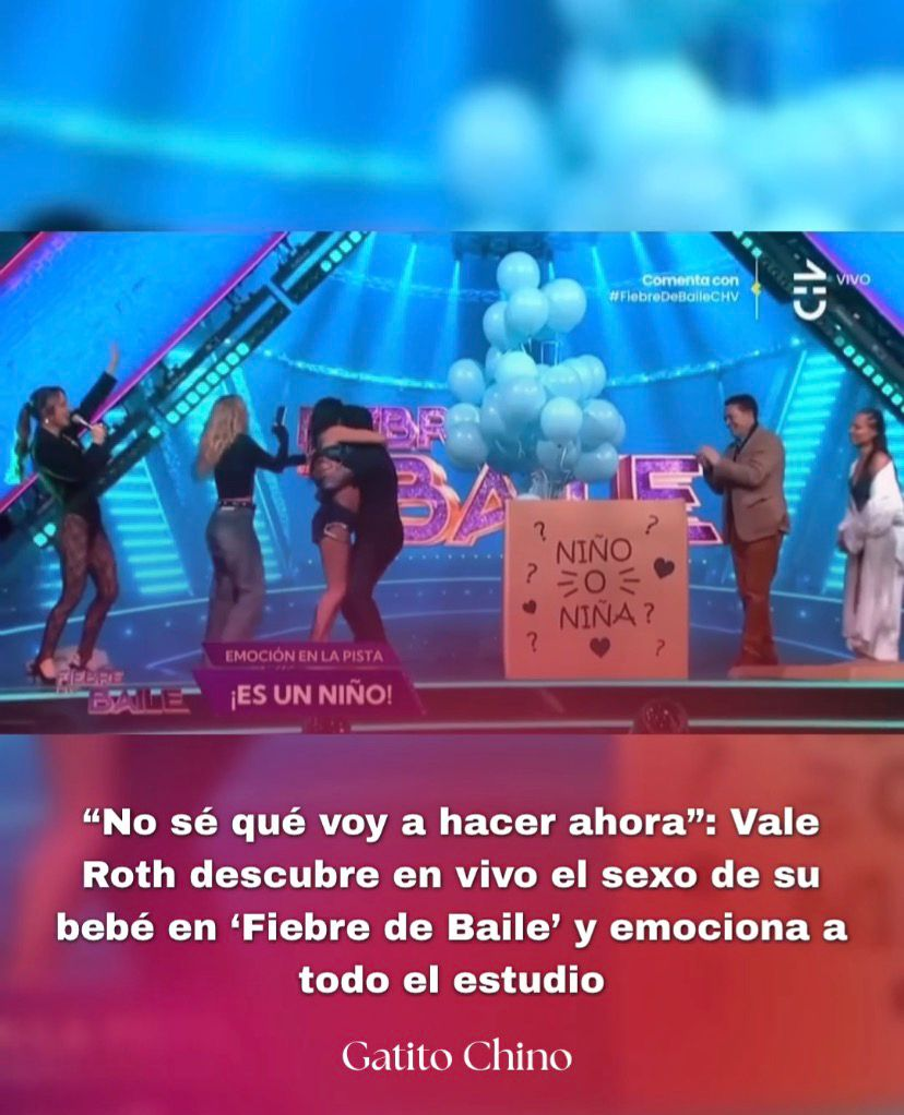 La bailarina y su esposo, Miguel de la Fuente, abrieron una gran caja en el centro del estudio de Chilevisión mientras globos celestes salían al aire, confirmando que esperan su primer hijo varón